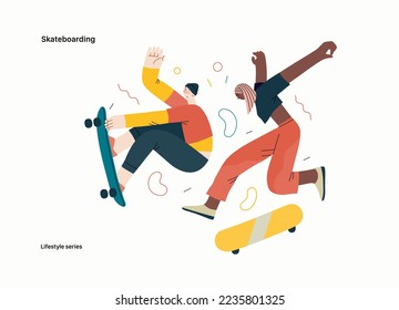 Lifestyle series - Skateboarding - modern flat vector illustration of a young male and female skaters jumping in the air with their skateboards.. People activities concept