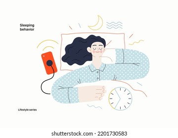 Serie de estilo de vida - Comportamiento durmiente - moderna ilustración vectorial plana de una mujer durmiendo en su cama, mostrando los beneficios del buen hábito de dormir, ocho horas de sueño normal. Concepto de actividades de las personas