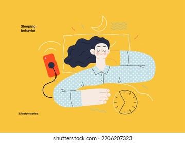 Lifestyle series - Sleeping behaviour - modern flat vector illustration of a woman sleeping in her bed, showing the benefits of good sleeping habit, eight hours normal sleep. People activities concept