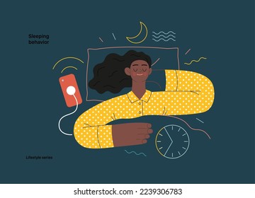 Lifestyle series - Sleeping behaviour - modern flat vector illustration of a woman sleeping in her bed, showing the benefits of good sleeping habit, eight hours normal sleep. People activities concept