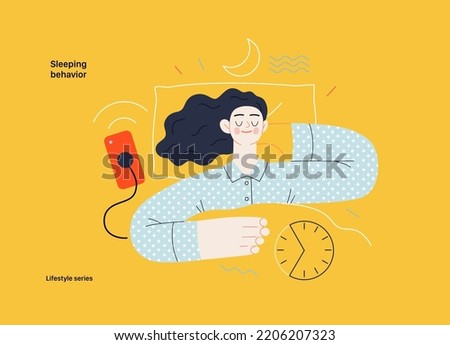 Lifestyle series - Sleeping behaviour - modern flat vector illustration of a woman sleeping in her bed, showing the benefits of good sleeping habit, eight hours normal sleep. People activities concept