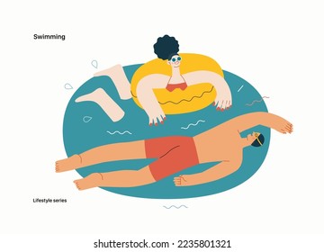 Serie de estilo de vida - Natación - moderna ilustración vectorial plana de un hombre y una mujer nadando en la piscina. Concepto de actividades de las personas