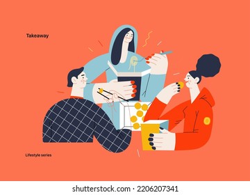 Lifestyle series - Takeaway - modern flat vector illustration of a group of friends eating takeaway food from boxes sitting at home. People activities concept