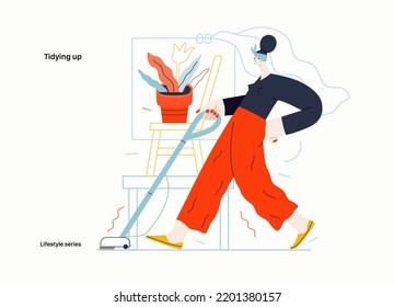 Lifestyle series - Tidying up, housekeeping - modern flat vector illustration of a woman cleaning the floor with a vacuum cleaner. People activities concept