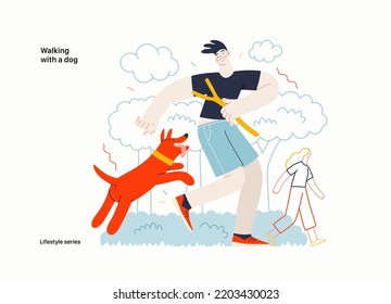 Lifestyle series - Walking with a dog - modern flat vector illustration of a young man and a dog playing outside. People activities concept