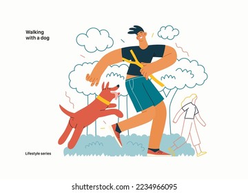 Serie de estilo de vida - Caminando con un perro - moderna ilustración vectorial plana de un joven y un perro jugando afuera. Concepto de actividades de las personas