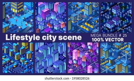 The Lifestyle set city people background 3D future neon ultraviolet of urban infrastructure isometric buildings. Residential town illustration of vector graphics of the modern architecture constructio