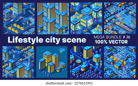 Lifestyle set city people background 3D future neon ultraviolet of urban infrastructure isometric buildings.