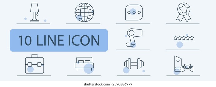 Lifestyle set icon. Desk lamp, global network, chat bubble, medal, security camera, star rating, briefcase, bed, dumbbell, gaming console.