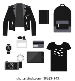 Lifestyle set: total black trendy clothes. Unisex casual outfit. Flat vector objects