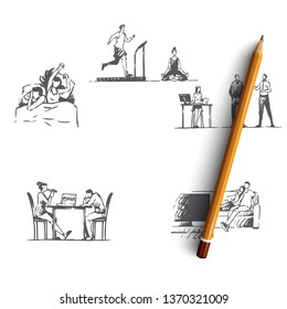 Lifestyle - sleep, sport, business, cinema, pizza vector concept set. Hand drawn sketch isolated illustration