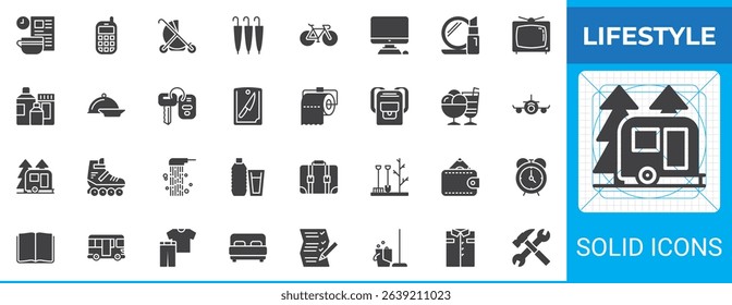 Lifestyle solid glyph icon set. Vector signs include camper, book, dessert food, luggage, computer, money wallet, shower, cosmetics. Ideal icon pack for cooking, travel, gardening, reading, sleeping