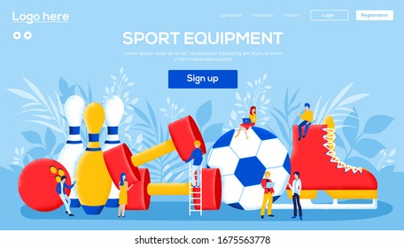 lifestyle sports equipment concept flyear, web banner, ui header, enter site. People character with items around concept background. Layout modern slider page. Grain texture, noise effect