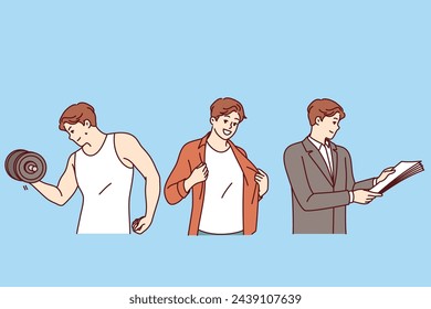 Lifestyle of successful man doing sports and dressing for party before work day. Young man at different times lifts dumbbell and reads business documents or is getting ready for date with girlfriend