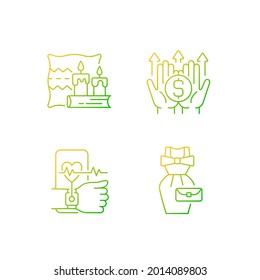 Lifestyle tendencies gradient linear vector icons set. Hygge life. Wealth building. Health tracking. Vintage fashion. Thin line contour symbols bundle. Isolated vector outline illustrations collection