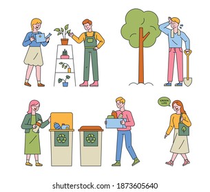 A lifestyle that protects the environment. People who grow plants, separate garbage, and use cloth bags. flat design style minimal vector illustration.