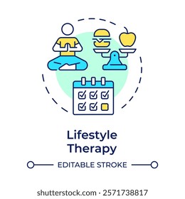 Lifestyle therapy multi color concept icon. Meal control, food products. Schedule, healthcare. Round shape line illustration. Abstract idea. Graphic design. Easy to use in infographic, presentation