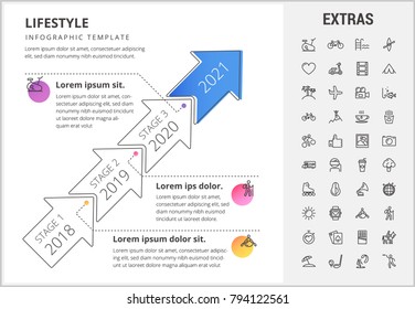 Plantilla de infografía de línea de tiempo de estilo de vida, elementos e iconos. Infograph incluye escenarios con años, juego de iconos de línea con comida saludable y rápida, ejercicio deportivo, máquina de entrenamiento, actividades de ocio, etc.