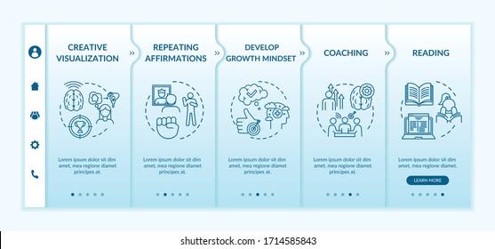 Lifestyle training onboarding vector template. Creative visualization. Life coaching. Repeat affirmation. Responsive mobile website with icons. Webpage walkthrough step screens. RGB color concept