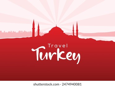 Lifestyle, travel Hagia Sophia Mosque, Istanbul, Turkey. A famous sightseeing cityscape of Turkey. Red vector comic popart style silhouette landmark illustration. Popular tourist destination.