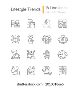 Lifestyle trends linear icons set. Hygge atmosphere. Health tracking. Digital detox. Vintage fashion. Customizable thin line contour symbols. Isolated vector outline illustrations. Editable stroke