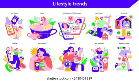 Lifestyle trends set. Contemporary habits and popular activities. Health, technology, and pet care focus. Modern life visualized in vibrant vectors.