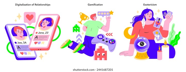 Lifestyle trends set. Online dating evolution, gaming rewards culture, and mystical practices revival in colorful vectors