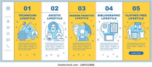 Lifestyle types onboarding mobile web pages vector template. Ascetic. Responsive smartphone website interface idea with linear illustrations. Webpage walkthrough step screens. Color concept 