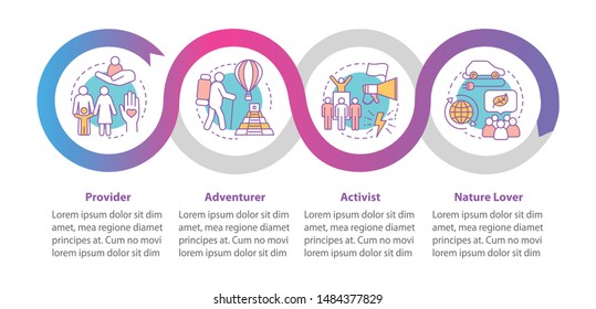 Lifestyle types vector infographic template. Provider. Business presentation design elements. Data visualization with four steps and options. Process timeline chart. Workflow layout with linear icons