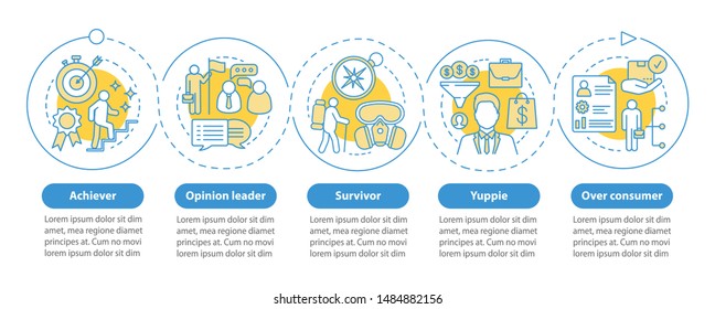 Lifestyle types vector infographic template. Achiever. Business presentation design elements. Data visualization with five steps and options. Process timeline chart. Workflow layout with linear icons