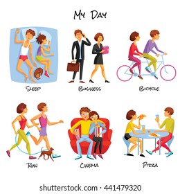 Lifestyle or Typical Daily Routine Cartoon Icons Set Isolated Vector Illustration