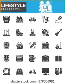 Lifestyle vector icons set, modern solid symbol collection, filled style pictogram pack. Signs, logo illustration. Set includes icons as bike, party, camping, guitar, cooking, reading, garden, scooter