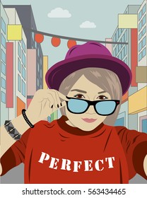 Lifestyle vector illustration. Fashionable portrait of girl in city.
