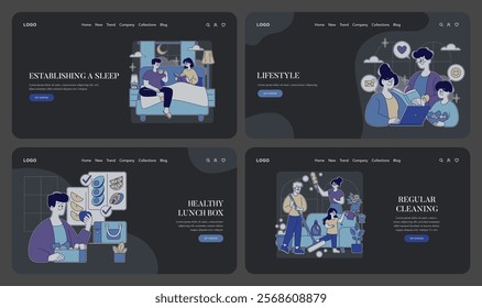 Lifestyle vector illustration set. This art showcases different aspects of daily living, such as sleep, healthy eating, and cleaning routines. It emphasizes maintaining balance and well-being in every