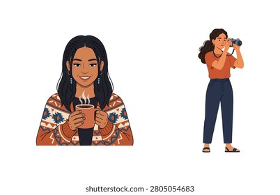 A lifestyle vector set featuring a beautiful woman drinking hot coffee and a female photographer holding a camera to capture moments.