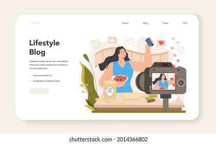 Lifestyle video blogger web banner or landing page. Sharing inspiring video content in the internet. Idea of social media and network. Online communication. Flat vector illustration