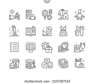 Lifestyle. Wake up and coffee. Makeup cosmetics. Walk in park. Scheduling. Meditation. Pixel Perfect Vector Thin Line Icons. Simple Minimal Pictogram