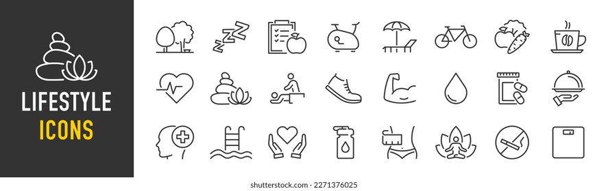 Icono de estilo de vida en línea. Salud, estilo de vida saludable, salud, dieta, alimentación saludable, ejercicio, sueño, recogida. Ilustración vectorial.