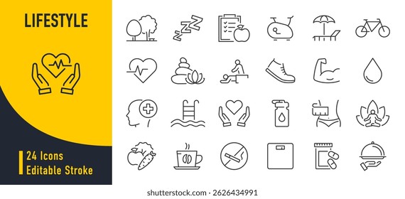 Lifestyle web icon set in line style. Healthcare, healthy lifestyle, health, diet, healthy food, exercise, sleep, collection. Vector illustration.	