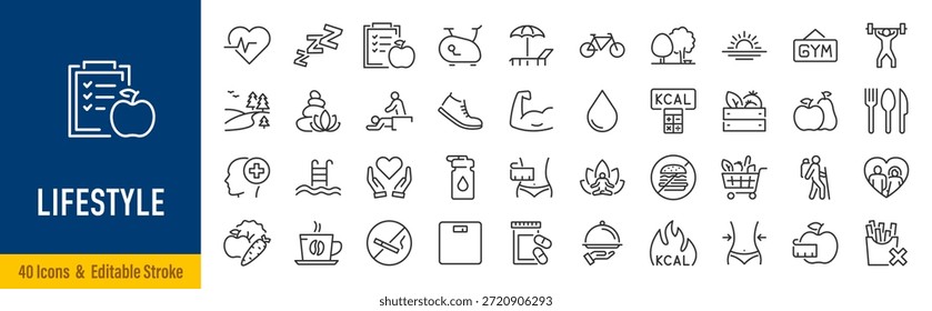 Conjunto de iconos de Web de estilo de vida en estilo de línea. Salud, estilo de vida saludable, salud, dieta, comida saludable, ejercicio, sueño, colección. Trazo editable. Ilustración vectorial.	