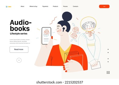 Lifestyle Web Template -Audiobooks -modern Flat Vector Illustration Of A Woman Listening An Audiobook With Buds In The Tablet Application, Victorian Era Literary Character. People Activities Concept