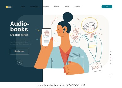 Lifestyle web template -Audiobooks -modern flat vector illustration of a woman listening an audiobook with buds in the tablet application, Victorian Era literary character. People activities concept