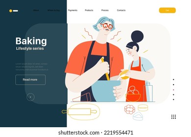 Lifestyle web template -Baking -modern flat vector illustration of a man and a girl wearing aprons making dough baking cookies. The girl is pouring some milk into mixture. People activities concept