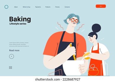 Lifestyle web template -Baking -modern flat vector illustration of a man and a girl wearing aprons making dough baking cookies. The girl is pouring some milk into mixture. People activities concept