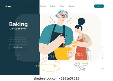 Lifestyle web template -Baking -modern flat vector illustration of a man and a girl wearing aprons making dough baking cookies. The girl is pouring some milk into mixture. People activities concept