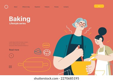 Lifestyle web template -Baking -modern flat vector illustration of a man and a girl wearing aprons making dough baking cookies. The girl is pouring some milk into mixture. People activities concept