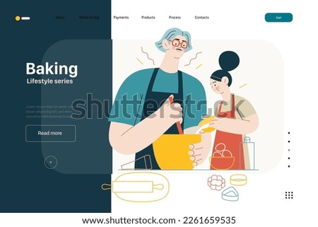 Lifestyle web template -Baking -modern flat vector illustration of a man and a girl wearing aprons making dough baking cookies. The girl is pouring some milk into mixture. People activities concept