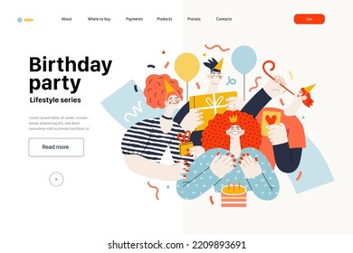 Plantilla web de estilo de vida - Fiesta de cumpleaños - moderna ilustración vectorial plana de hombres y mujeres celebrando cumpleaños, dando regalos. Concepto de actividades de las personas