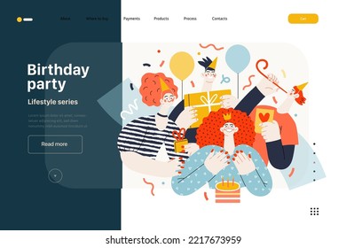 Lifestyle web template - Birthday party - modern flat vector illustration of men and women celebrating birthday, giving presents. People activities concept