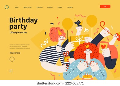 Lifestyle web template - Birthday party - modern flat vector illustration of men and women celebrating birthday, giving presents. People activities concept